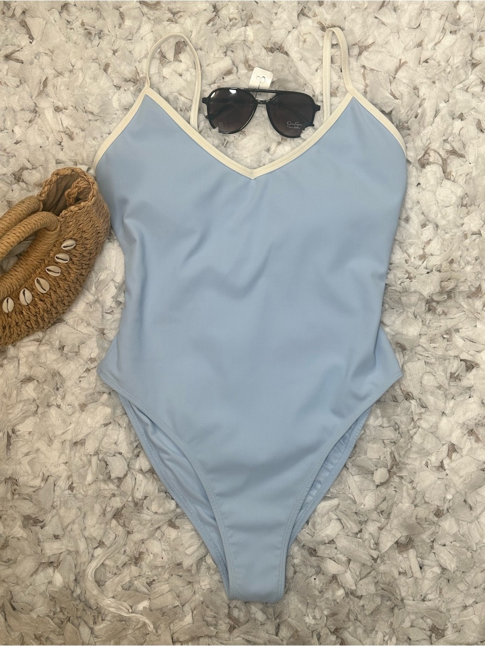 Light Blue One Piece Swimsuit Contrast Trim Size L NWOT